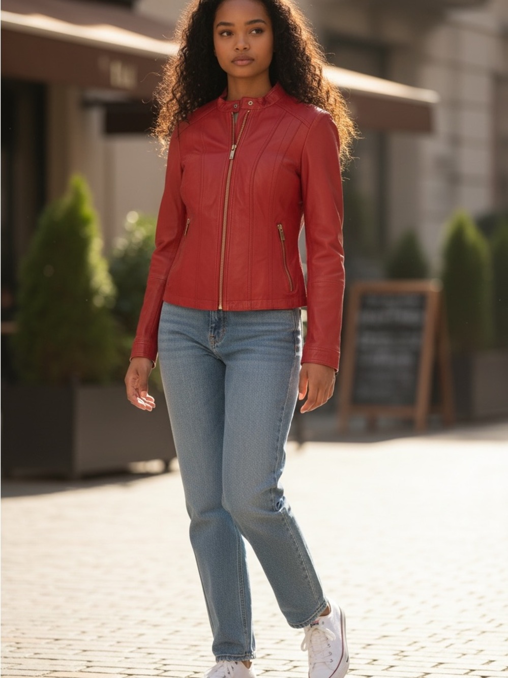 Black Rivet Red Leather Moto Jacket with Zip Accents